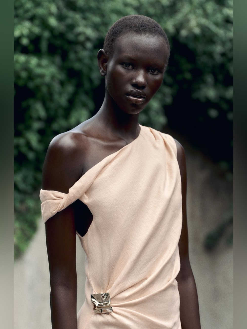 ZARA Peach linen-blend asymmetric long dress with broach detail & gathering.